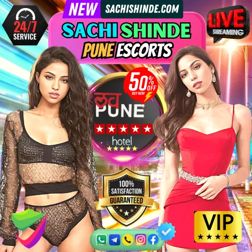 Header banner image of Sachi Shinde Pune Escorts Services. Posing 2 Top Rated Sachi Shinde Escorts Girls in the banner behind the location of Busy Pune City. Icon disaplying 24/7 Service availability, Live Escorts services, Verified Profiles, VIP Services, 5 Star User reviews, 100% Satisfaction Guarantedd. 50% Off for Limited Time Basis. Book an Pune Escorts Services via, Call, Whatsapp, Telegram, Instagram or Facebook.