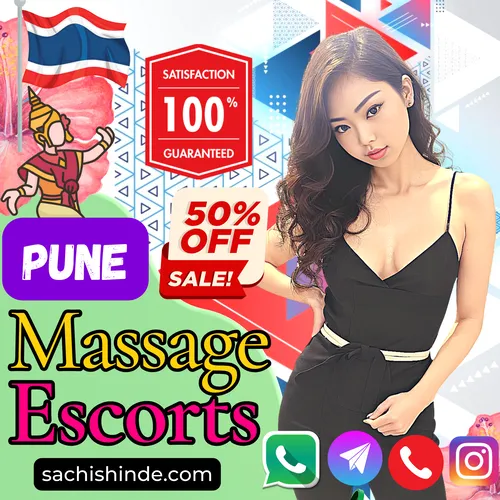 Banner image of Pune Erotic Massage Escorts Services. A Sachi Shinde Thai Escorts girl posing in the banner along with the Thailand Country flag and Thai Girl dancing icon. Logo display 100% Satisfaction Guaranteed and 50% Limited time off. Book an Erotic Massage escort girl via Call, WhatsApp, Telegram, Instagram or Facebook.