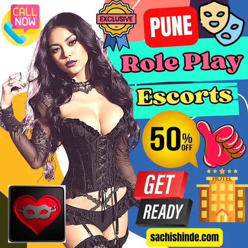Banner image of Pune Role Play Call Girls. A Well known Pune role play Call girl wearing a Role Play Dress. Icon displays Exclusive, Role Play Mask, Acting Dress etc. Logo display Get Ready, 50% off, Thumbs up. Book an Role Play Escorts girls via Call, WhatsApp, Telegram, Instagram or Facebook.